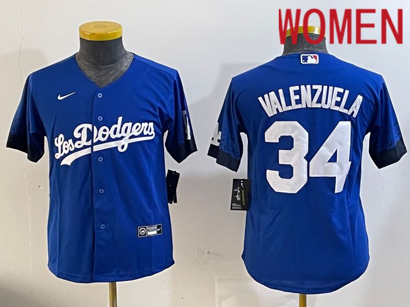 Women Los Angeles Dodgers 34 Valenzuela 2024 blue jersey 2024112005